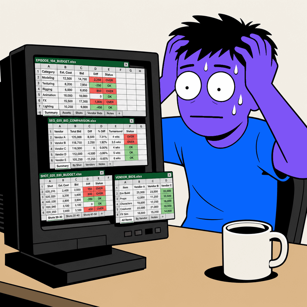 Abstract neobrutalist cartoon of a stressed person at a computer